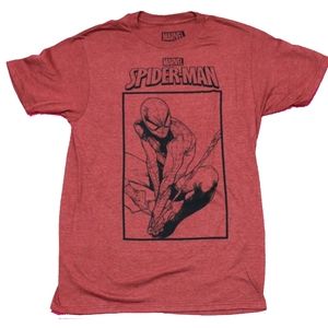 Spider-Man Mens T-Shirt - Swinging Drawing Under Logo - LARGE